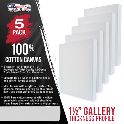 Medium Stretched Canvas for Painting 8x10 inch Gallery Depth 1-1/2" Thick, 5-Pack - 12oz Acrylic Gesso Triple Primed, Professional Artist Quality, 100% Cotton - Oil, Pouring Paint