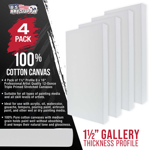 8 x 16 inch Gallery Depth 1-1/2" Profile Stretched Canvas, 4-Pack - 12-Ounce Acrylic Gesso Triple Primed, - Professional Artist Quality, 100% Cotton