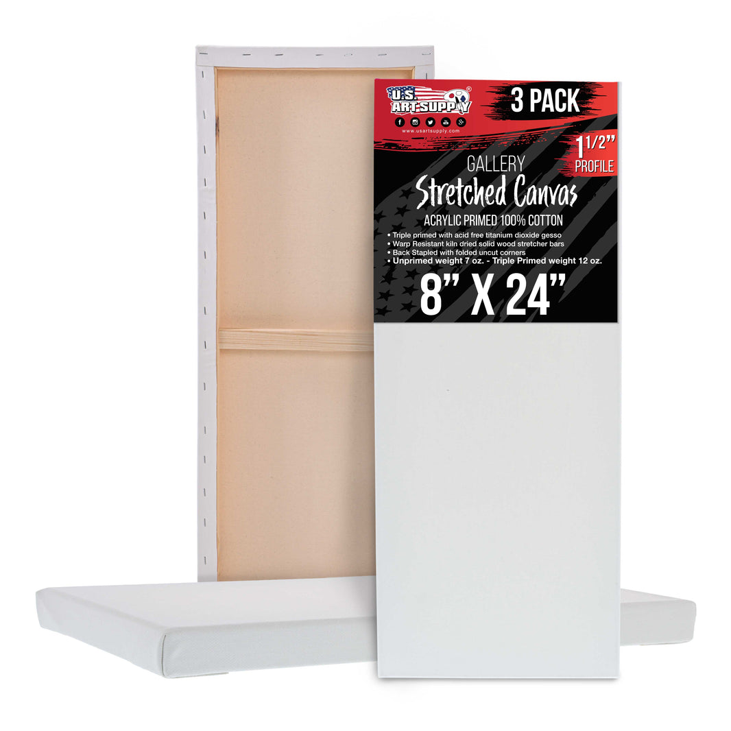 Rectangle Stretched Canvas for Painting 8x24 inch Gallery Depth 1-1/2" Thick, 3-Pack - 12oz Acrylic Gesso Triple Primed, Professional Artist Quality, 100% Cotton - Oil, Pouring Paint