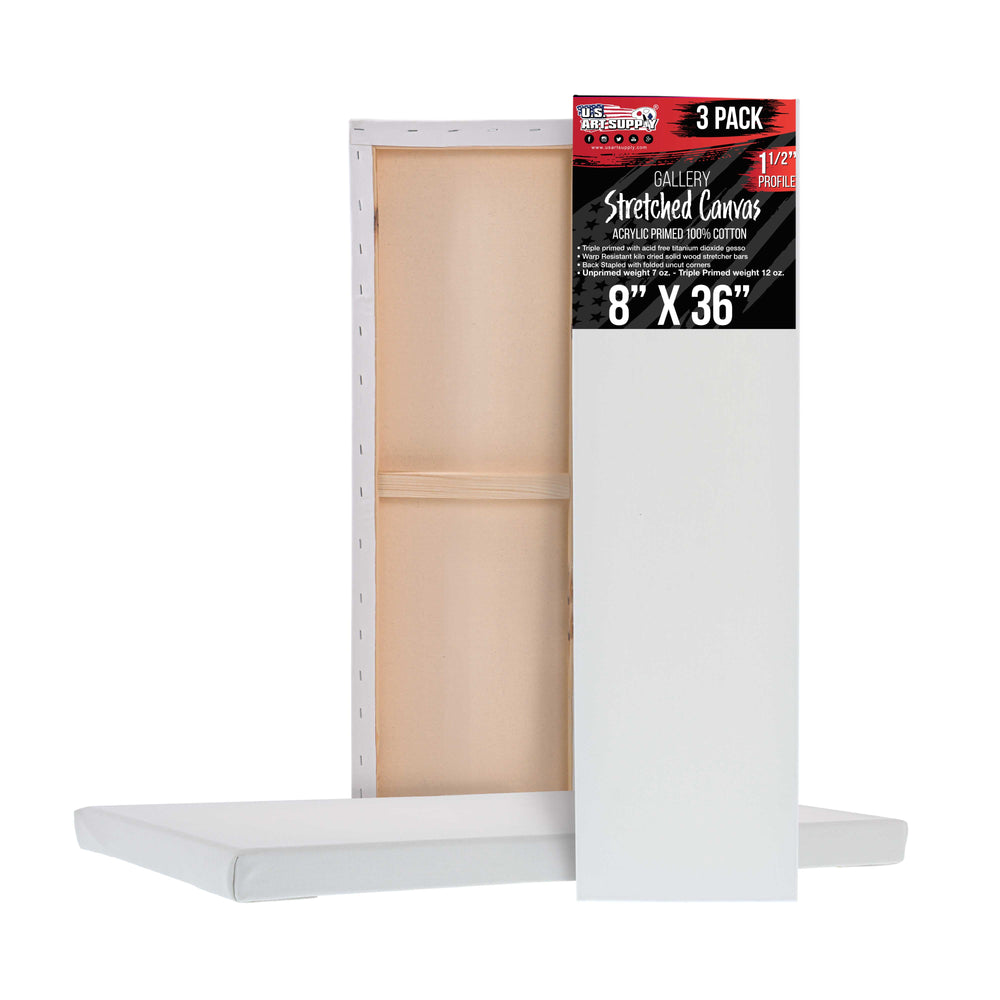 Rectangle Stretched Canvas for Painting 8x36 inch Gallery Depth 1-1/2" Thick, 3-Pack - 12oz Acrylic Gesso Triple Primed, Professional Artist Quality, 100% Cotton - Oil, Pouring Paint