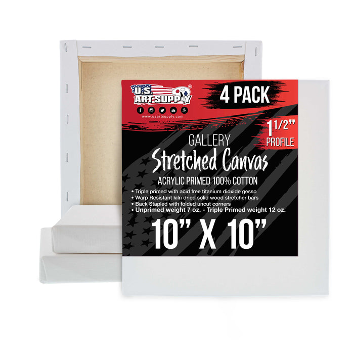 10 x 10 inch Gallery Depth 1-1/2" Profile Stretched Canvas, 4-Pack - 12-Ounce Acrylic Gesso Triple Primed, - Professional Artist Quality, 100% Cotton