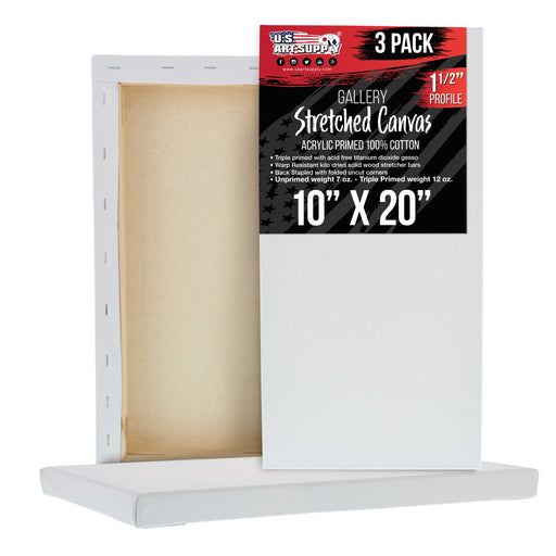 10 x 20 inch Gallery Depth 1-1/2" Profile Stretched Canvas, 3-Pack - 12-Ounce Acrylic Gesso Triple Primed, - Professional Artist Quality, 100% Cotton