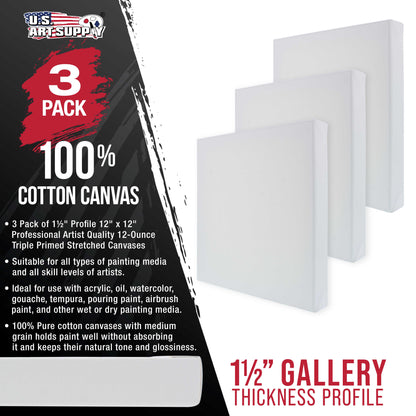 Square Stretched Canvas for Painting 12x12 inch Gallery Depth 1-1/2" Thick, 3-Pack - 12oz Acrylic Gesso Triple Primed, Professional Artist Quality, 100% Cotton - Pouring, Oil Paint