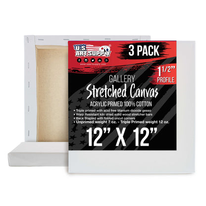Square Stretched Canvas for Painting 12x12 inch Gallery Depth 1-1/2" Thick, 3-Pack - 12oz Acrylic Gesso Triple Primed, Professional Artist Quality, 100% Cotton - Pouring, Oil Paint