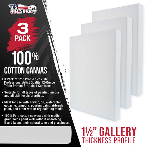 12 x 16 inch Gallery Depth 1-1/2" Profile Stretched Canvas, 3-Pack - 12-Ounce Acrylic Gesso Triple Primed, - Professional Artist Quality, 100% Cotton