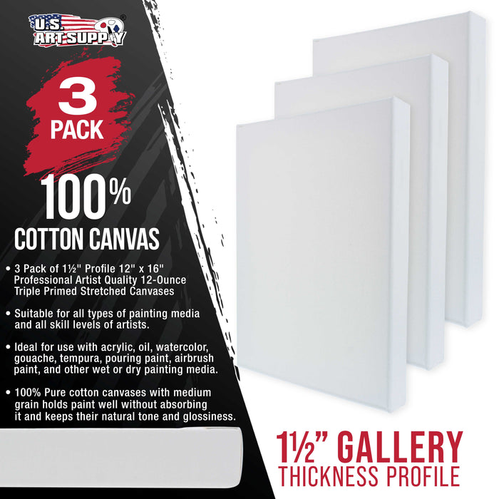 12 x 16 inch Gallery Depth 1-1/2" Profile Stretched Canvas, 3-Pack - 12-Ounce Acrylic Gesso Triple Primed, - Professional Artist Quality, 100% Cotton