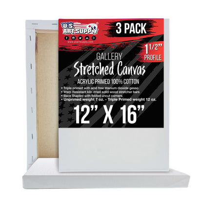 12 x 16 inch Gallery Depth 1-1/2" Profile Stretched Canvas, 3-Pack - 12-Ounce Acrylic Gesso Triple Primed, Professional Artist Quality, 100% Cotton - Acrylic Pouring, Oil Painting