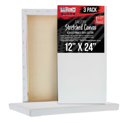 Rectangle Stretched Canvas for Painting 12x24 inch Gallery Depth 1-1/2" Thick, 3-Pack - 12oz Acrylic Gesso Triple Primed, Professional Artist Quality, 100% Cotton - Oil, Pouring Paint
