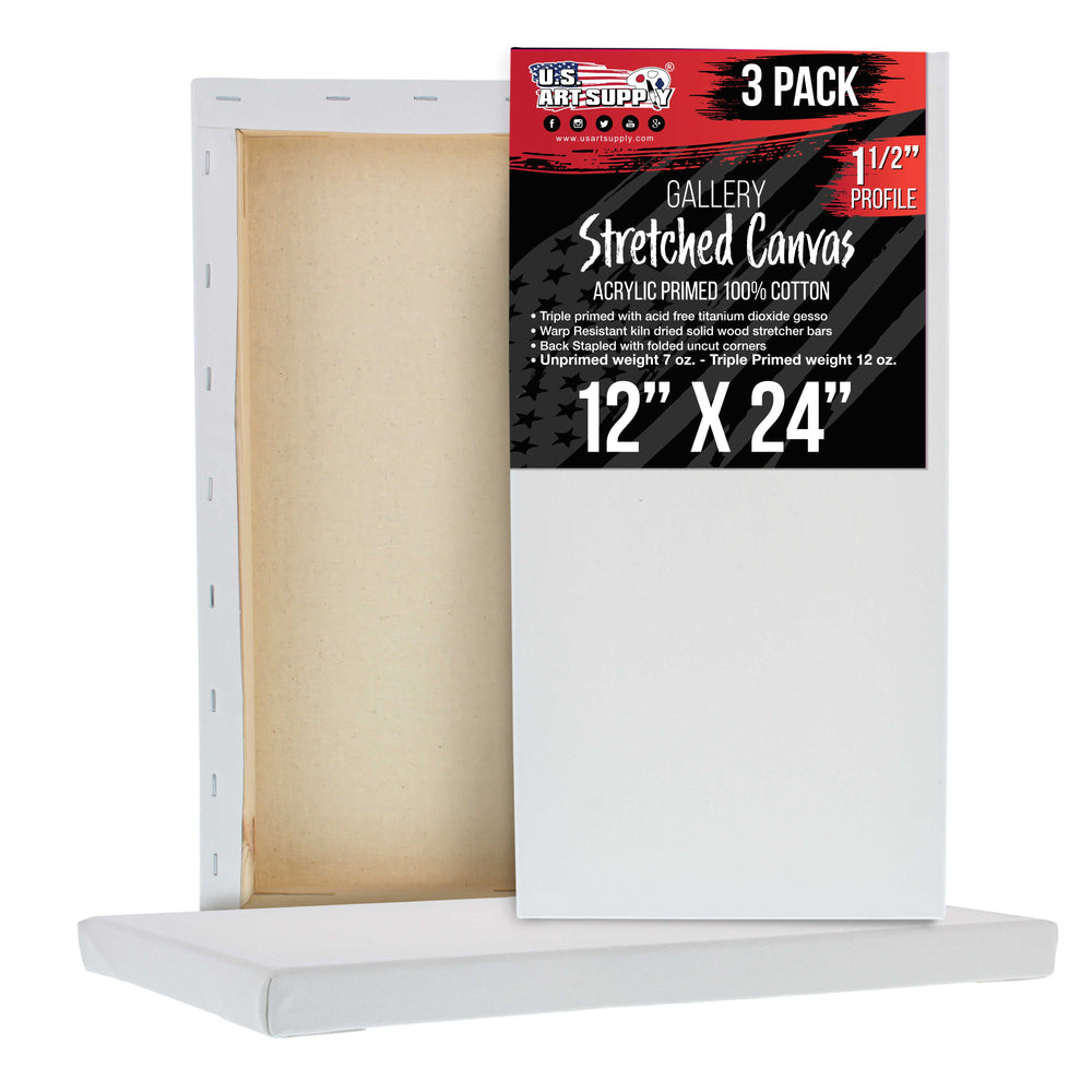 12 x 24 inch Gallery Depth 1-1/2" Profile Stretched Canvas, 3-Pack - 12-Ounce Acrylic Gesso Triple Primed, - Professional Artist Quality, 100% Cotton