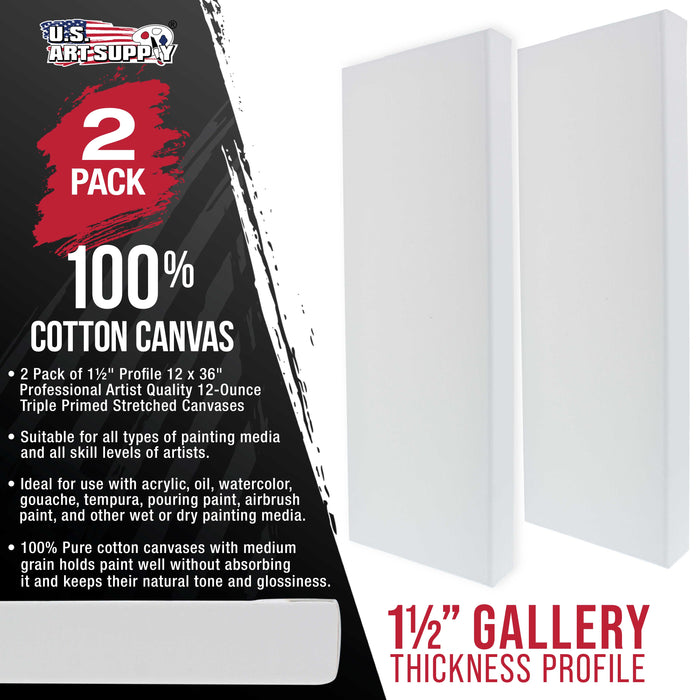 12 x 36 inch Gallery Depth 1-1/2" Profile Stretched Canvas, 2-Pack - 12-Ounce Acrylic Gesso Triple Primed, - Professional Artist Quality, 100% Cotton