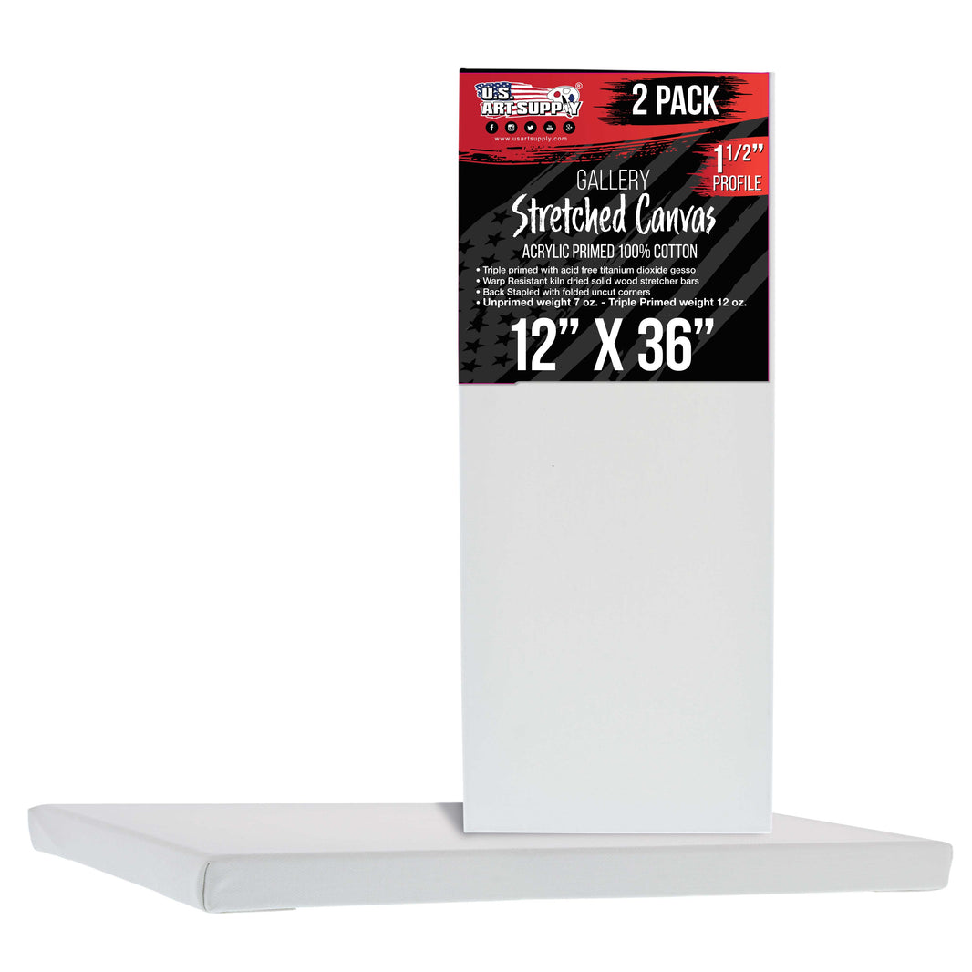 Medium Stretched Canvas for Painting 12x36 inch Gallery Depth 1-1/2" Thick, 2-Pack - 12oz Acrylic Gesso Triple Primed, Professional Artist Quality, 100% Cotton - Oil, Pouring Paint