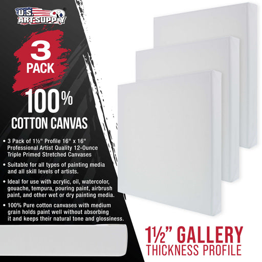 16 x 16 inch Gallery Depth 1-1/2" Profile Stretched Canvas, 3-Pack - 12-Ounce Acrylic Gesso Triple Primed, - Professional Artist Quality, 100% Cotton