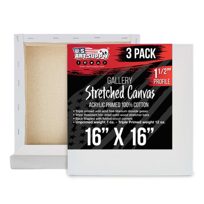 Large Stretched Canvas for Painting 16x16 inch Gallery Depth 1-1/2" Thick, 3-Pack - 12oz Acrylic Gesso Triple Primed, Professional Artist Quality, 100% Cotton - Oil, Pouring Paint