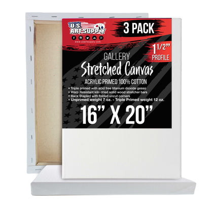 Large Stretched Canvas for Painting 16x20 inch Gallery Depth 1-1/2" Thick, 3-Pack - 12oz Acrylic Gesso Triple Primed, Professional Artist Quality, 100% Cotton - Oil, Pouring Paint