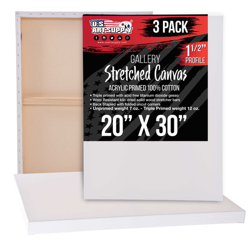 20 x 30 inch Gallery Depth 1-1/2" Profile Stretched Canvas, 3-Pack - 12-Ounce Acrylic Gesso Triple Primed, - Professional Artist Quality, 100% Cotton