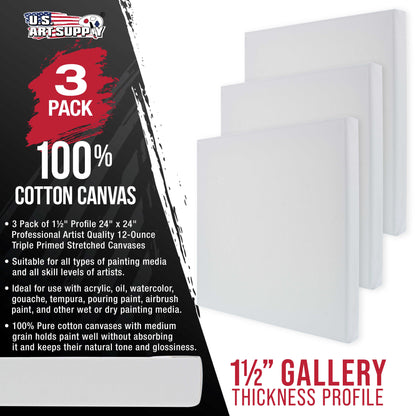 Large Stretched Canvas for Painting 24x24 inch Gallery Depth 1-1/2" Thick, 3-Pack - 12oz Acrylic Gesso Triple Primed, Professional Artist Quality, 100% Cotton - Oil, Pouring Paint