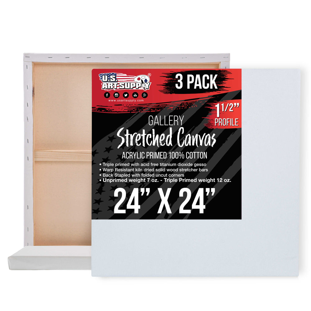 24 x 24 inch Gallery Depth 1-1/2" Profile Stretched Canvas, 3-Pack - 12-Ounce Acrylic Gesso Triple Primed, - Professional Artist Quality, 100% Cotton