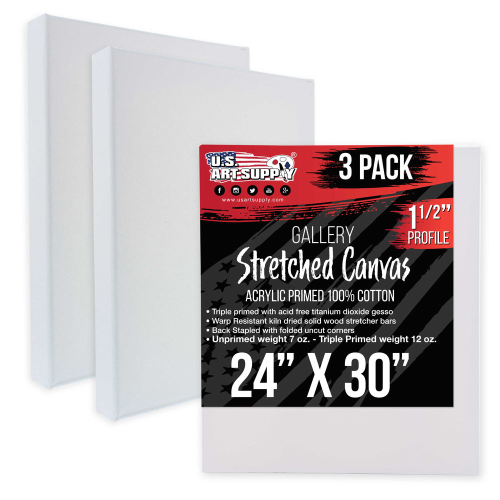 24 x 30 inch Gallery Depth 1-1/2" Profile Stretched Canvas, 3-Pack - 12-Ounce Acrylic Gesso Triple Primed, - Professional Artist Quality, 100% Cotton