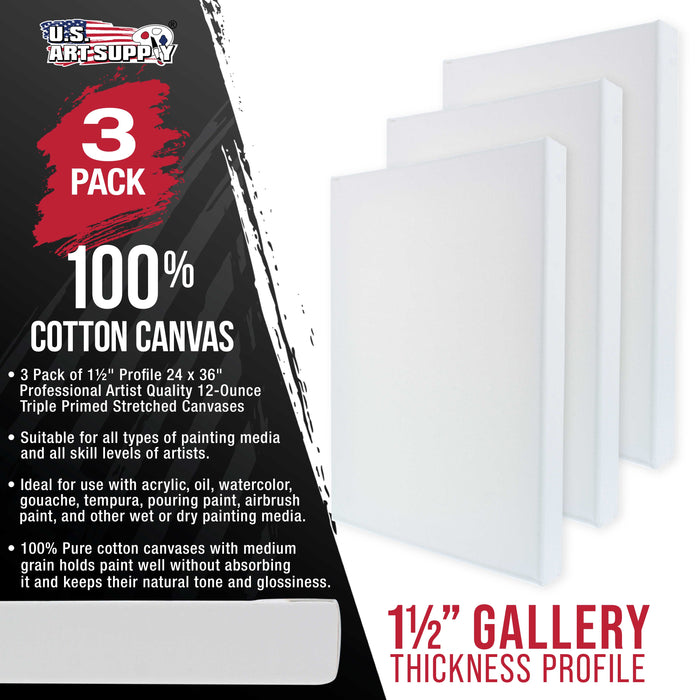 24 x 36 inch Gallery Depth 1-1/2" Profile Stretched Canvas, 3-Pack - 12-Ounce Acrylic Gesso Triple Primed, - Professional Artist Quality, 100% Cotton