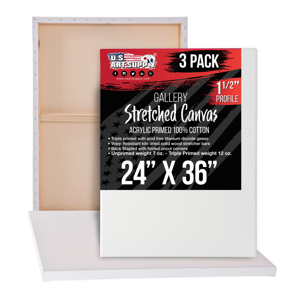 24 x 36 inch Gallery Depth 1-1/2" Profile Stretched Canvas, 3-Pack - 12-Ounce Acrylic Gesso Triple Primed, - Professional Artist Quality, 100% Cotton