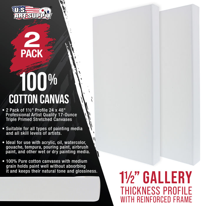 Rectangle Stretched Canvas for Painting 24x48 inch Gallery Depth 1-1/2" Thick, 2-Pack - 17oz Acrylic Gesso Triple Primed, Professional Artist Quality, 100% Cotton - Oil, Pouring Paint