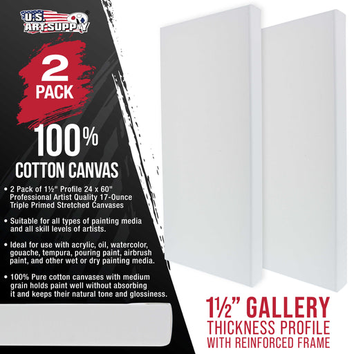 Rectangle Stretched Canvas for Painting 24x60 inch Gallery Depth 1-1/2" Thick, 2-Pack - 17oz Acrylic Gesso Triple Primed, Professional Artist Quality, 100% Cotton - Oil, Pouring Paint