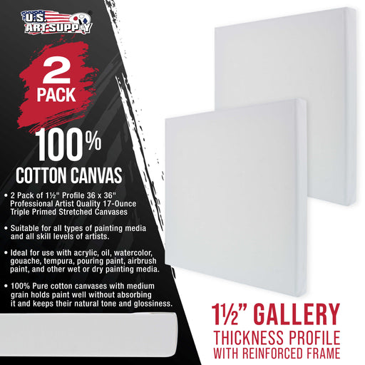 Square Stretched Canvas for Painting 36x36 inch Gallery Depth 1-1/2" Thick, 2-Pack - 17oz Acrylic Gesso Triple Primed, Professional Artist Quality, 100% Cotton - Oil, Pouring Paint