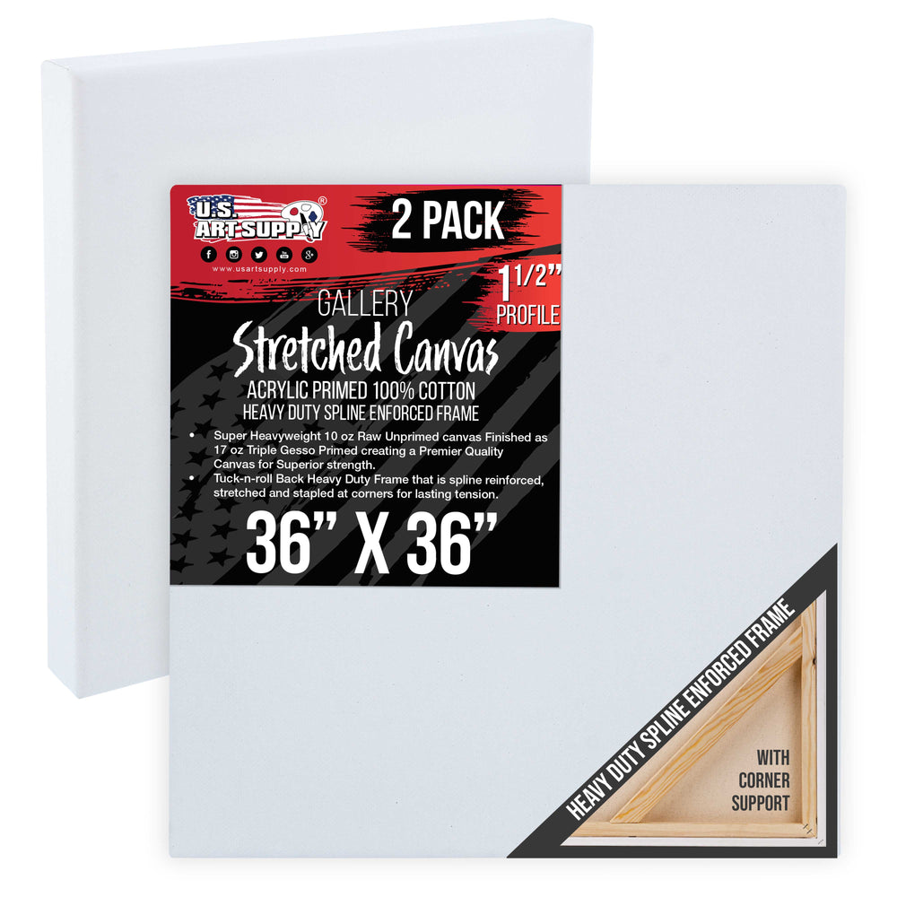 Square Stretched Canvas for Painting 36x36 inch Gallery Depth 1-1/2" Thick, 2-Pack - 17oz Acrylic Gesso Triple Primed, Professional Artist Quality, 100% Cotton - Oil, Pouring Paint