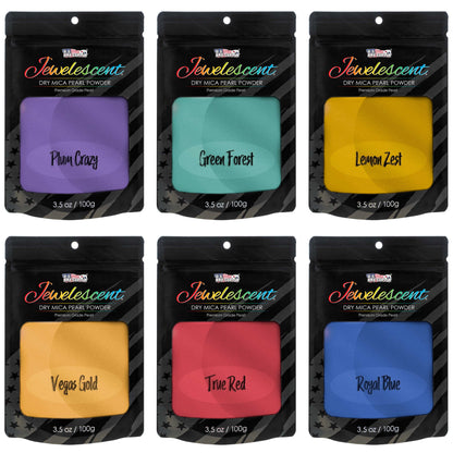 Jewelescent Mica Pearl Pigment Powder Kit, 6 Basic Colors, 3.5 oz (100g) Pouches - Cosmetic Grade, Epoxy Resin Color Pigment, Mica Powder for Resin, Soap, Slime, Candle Dye, Art