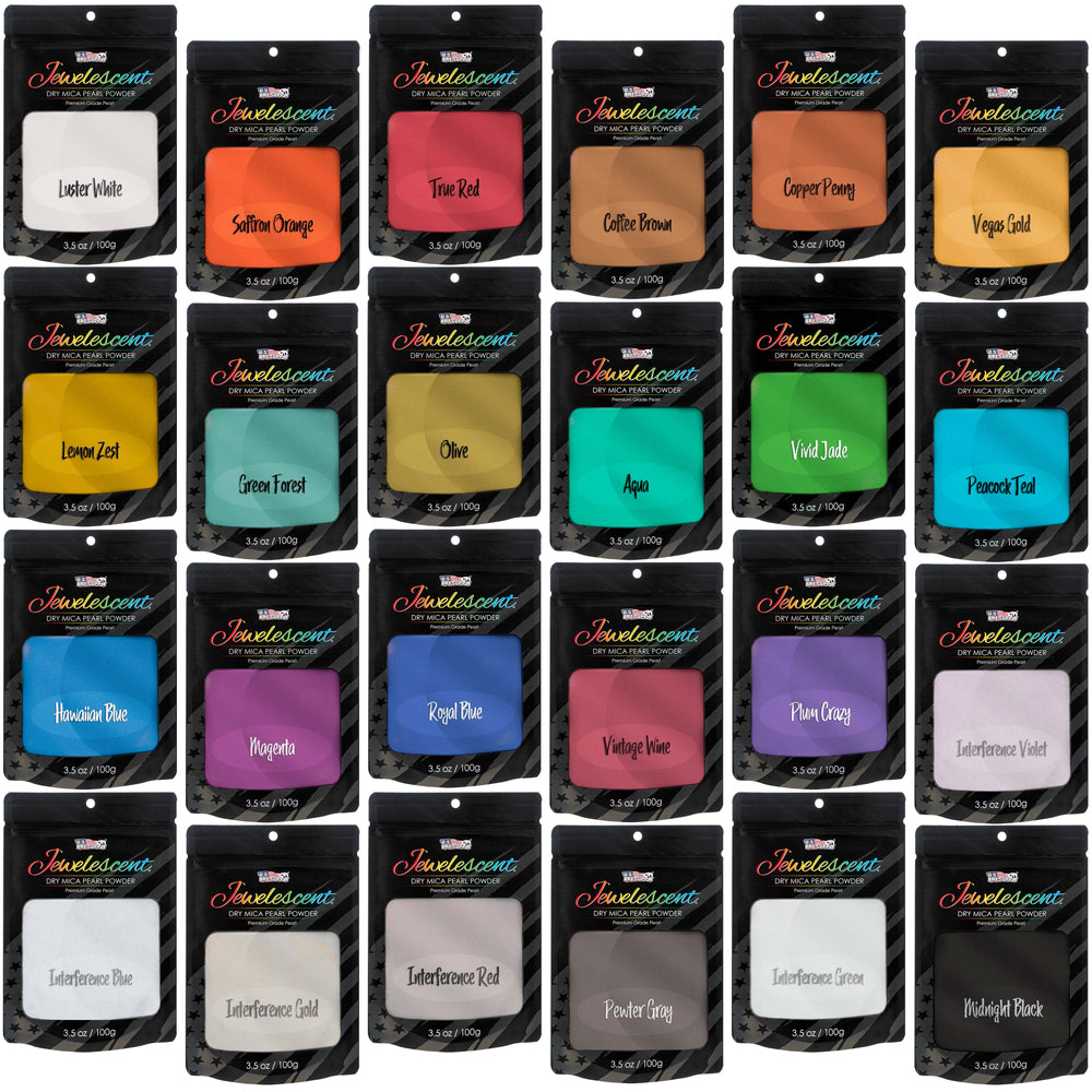 Jewelescent Mica Pearl Pigment Powder Kit, 24 Master Colors, 3.5 oz (100g) Pouches - Cosmetic Grade, Epoxy Resin Color Pigment, Mica Powder for Resin, Soap, Slime, Candle Dye, Art