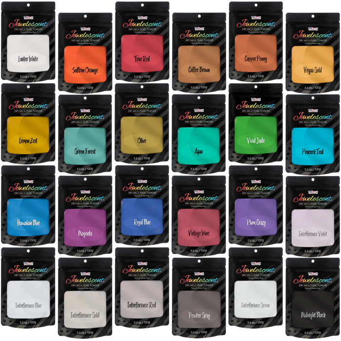 Jewelescent Mica Pearl Pigment Powder Kit, 24 Master Colors, 3.5 oz (100g) Pouches - Cosmetic Grade, Epoxy Resin Color Pigment, Mica Powder for Resin, Soap, Slime, Candle Dye, Art