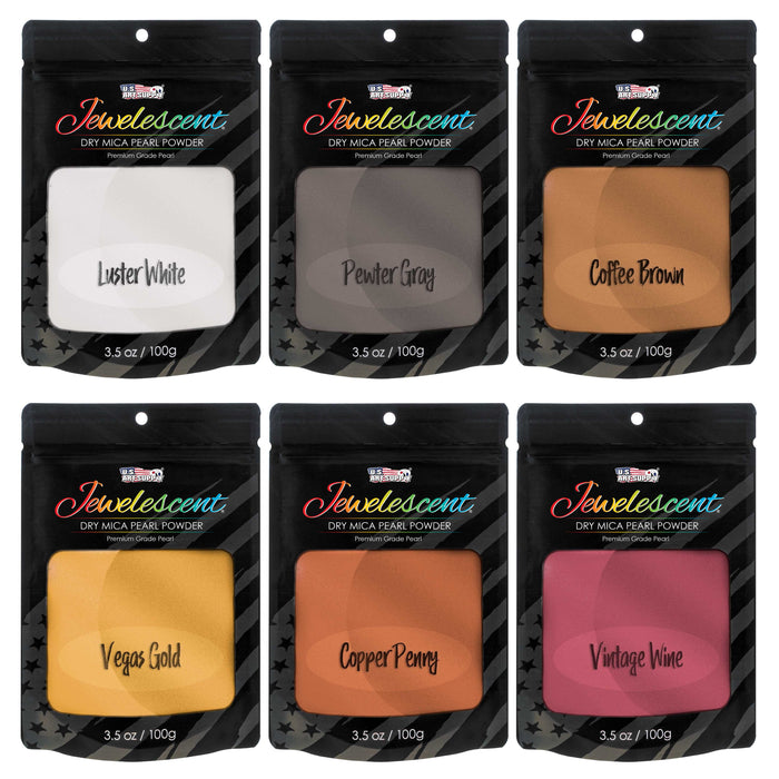 Jewelescent Metal Tones 6 Color Mica Pearl Powder Pigment Set Kit, 3.5 oz (100g) Sealed Pouches - Cosmetic Grade, Metallic Dye