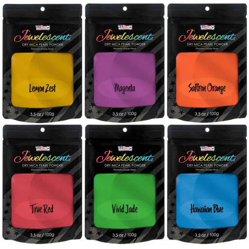 Jewelescent Ultra Bright 6 Color Mica Pearl Powder Pigment Set Kit, 3.5 oz (100g) Sealed Pouches - Cosmetic Grade, Non-Toxic Metallic Dye