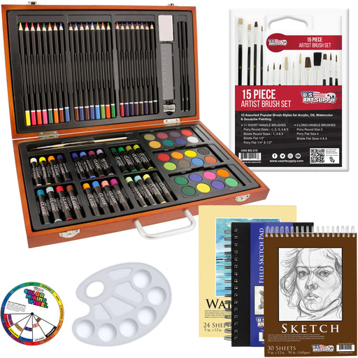 U.S. Art Supply 102-Piece Deluxe Art Creativity Set with Wooden Case, Artist Painting, Sketching, 24 Watercolor Paints, 17 Brushes, 24 Colored Pencils