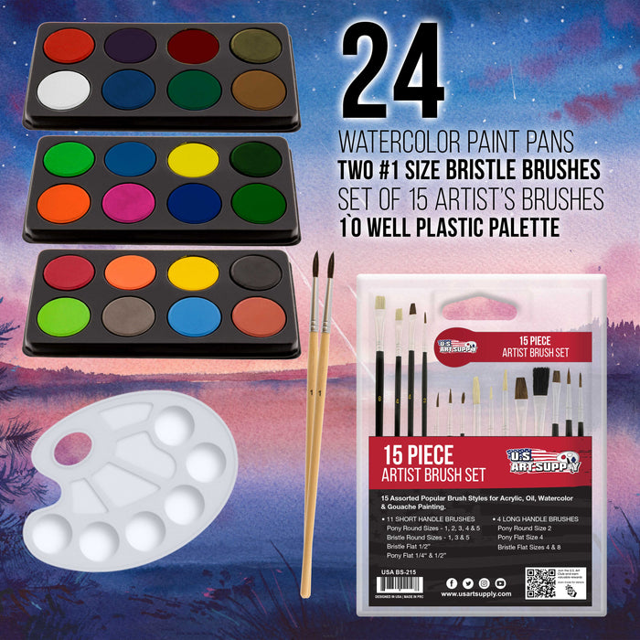 U.S. Art Supply 104-Piece Deluxe Art Creativity Set in Case with Wood Easel, Painting Pad, 2 Sketch Pads, 24 Watercolors 17 Brushes 24 Colored Pencils