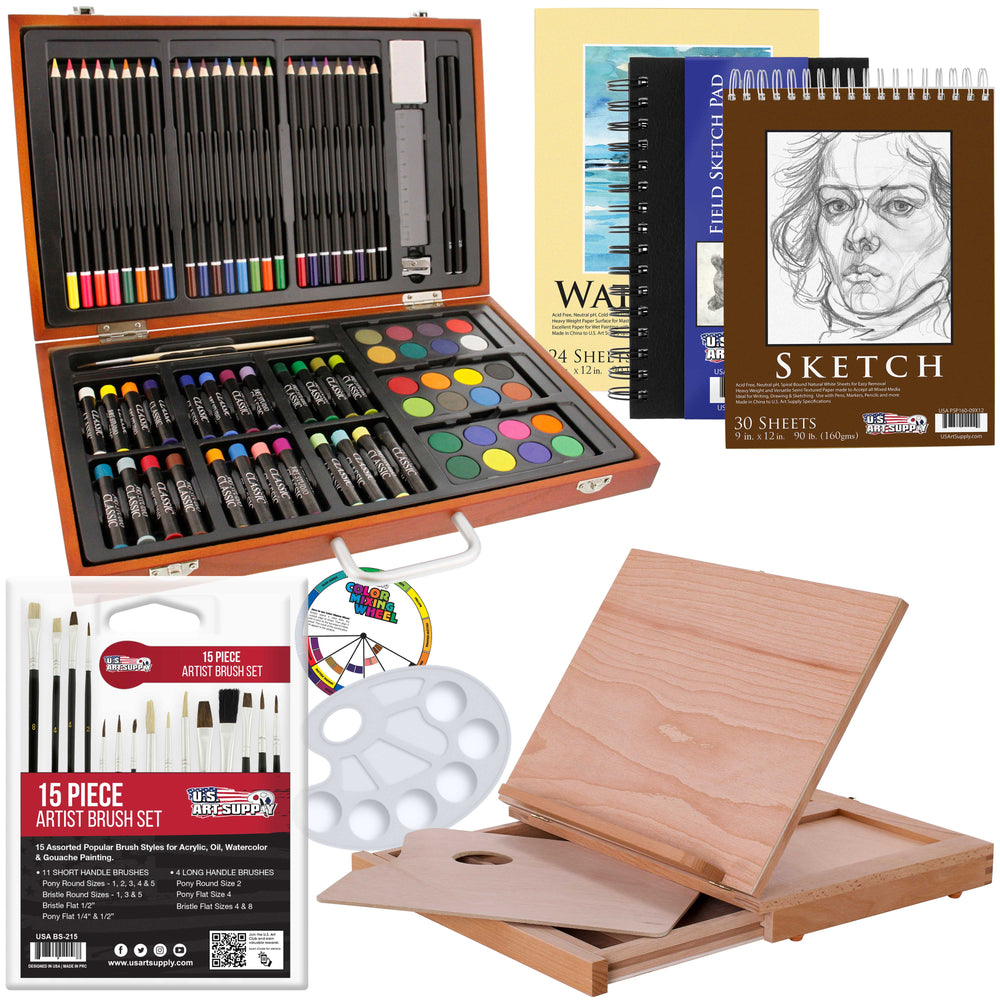 ART 101 DRAWING KIT COLORED PENCILS CRAYONS PAINTS BRUSHES WOOD CASE