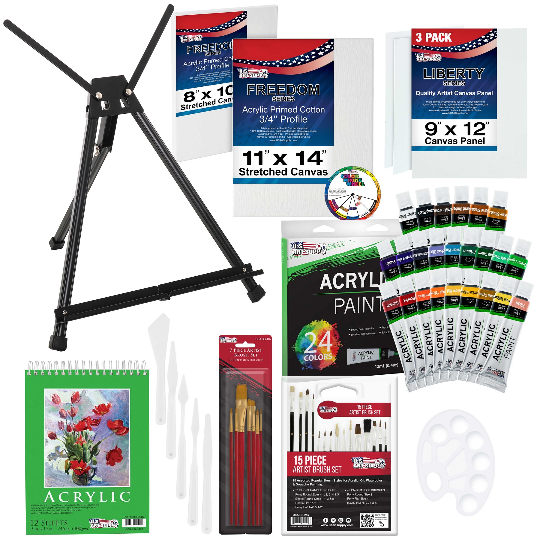  U.S. Art Supply 72-Piece Artist Acrylic Painting Set with  Aluminum Field Easel, Wood Table Easel, 24 Acrylic Paint Colors, 34  Brushes, 2 Stretched Canvases, 6 Canvas Panels, Painting Pad, 2 Palettes