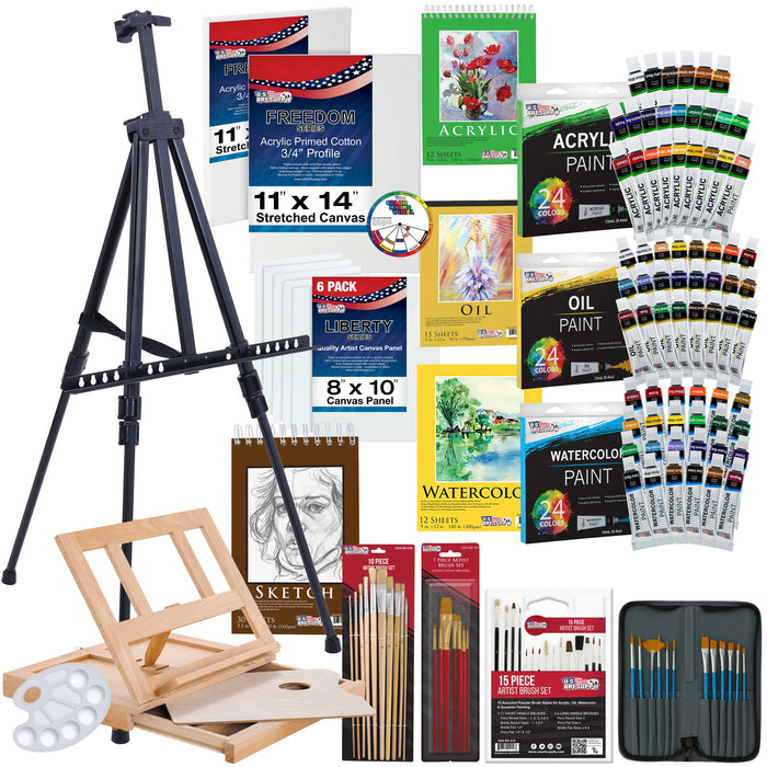 U.S. Art Supply 133-Piece Deluxe Artist Painting Set with Aluminum & Wood Easels, 72 Paint Colors, 24 Acrylic 24 Oil 24 Watercolor, 8 Canvases, Sketch