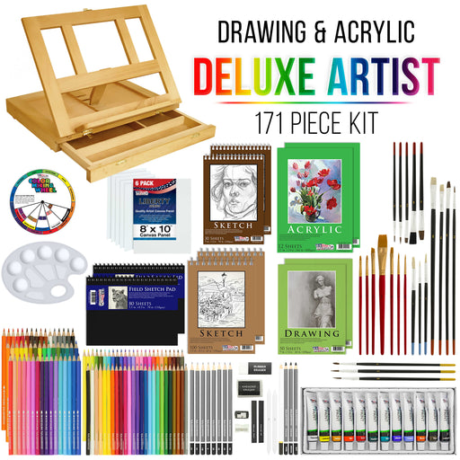 171-Piece Acrylic Painting & Sketch Drawing Set with Wood Easel, Acrylic Paint, 4 Paper Pads, Canvas Panels, Brushes, Color Pencil Set, Sketchbook