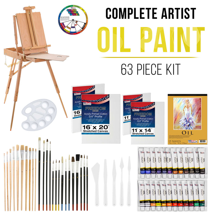 U.S. Art Supply 14-Piece Artist Painting Set with 6 Vivid Oil Paint Colors,  12 Easel, 2 Canvas Panels, 3 Brushes, Wood Painting Palette - Fun