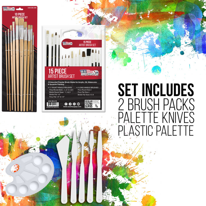 U.S. Art Supply 63-Piece Artist Oil Painting Set with French Style Sketch Box Easel, 24 Oil Paint Colors, 25 Brushes, 4 Stretched Canvases, Paper Pad