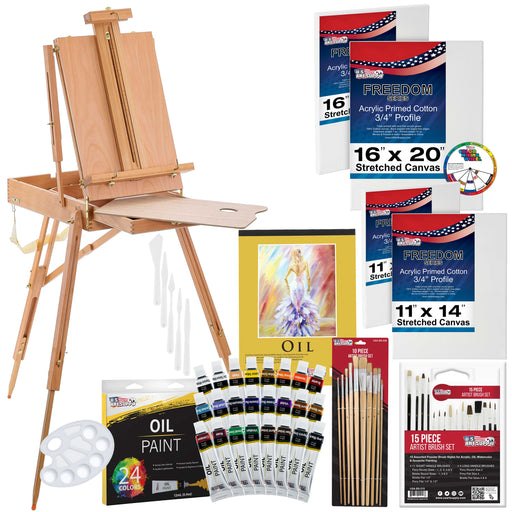 French Easel Acrylic Painting Set, Deluxe Artist Supplies Kit w/Coronado Style Wooden Field & Studio Sketch Box Easel, Stretched & Panel Canvases, Pro