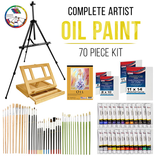 U.S. Art Supply 70-Piece Artist Oil Painting Set with Aluminum Field Easel, Wood Table Easel, 24 Oil Paint Colors, 37 Brushes, 8 Canvases Painting Pad