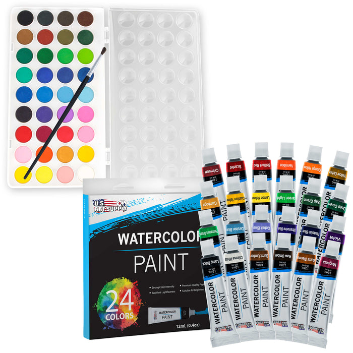 U.S. Art Supply 70-Piece Artist Watercolor Painting Set with Aluminum Field Easel, Wood Table Easel, 60 Watercolor Paint Colors, 34 Brushes 2 Canvases