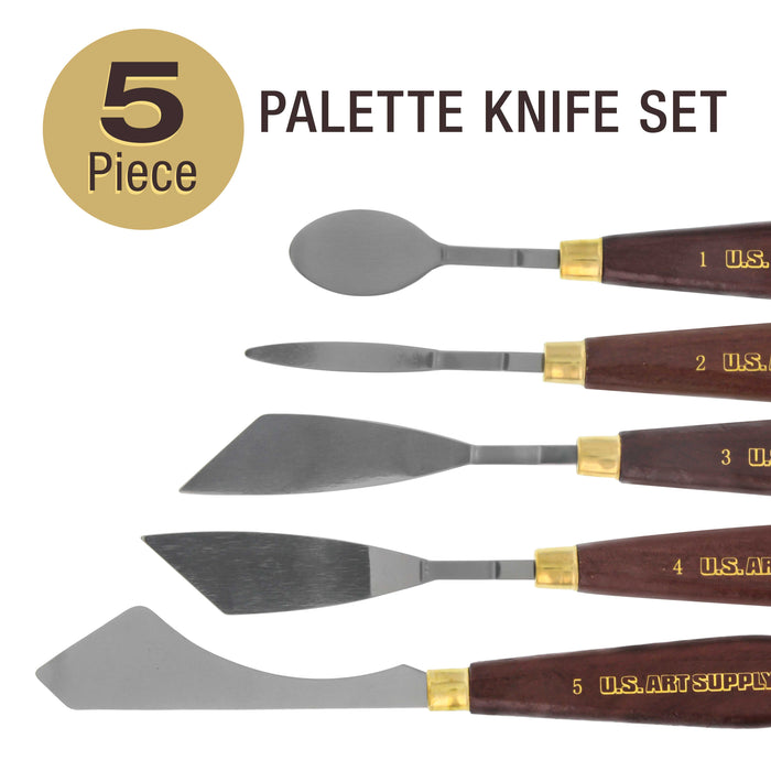 U.S. Art Supply 5-Piece Artist Stainless Steel Palette Knife Set - Wood Hande Spatula Painting Knives to Mix Spread Apply Oil, Acrylic Paint on Canvas