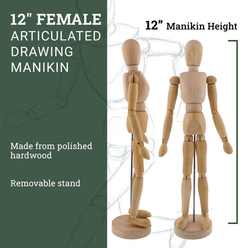 Wood 12" Artist Drawing Manikin Articulated Mannequin with Base and Flexible Body - Perfect For Drawing the Human Figure (12" Female)