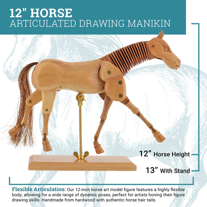 U.S. Art Supply 12" Wooden Horse Manikin Posable Figure for Drawing - Articulated Mannequin with Base and Flexible Body for Drawing The Equine Figure