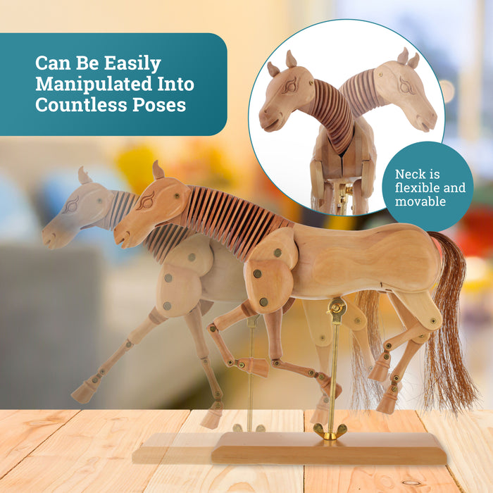 U.S. Art Supply 12" Wooden Horse Manikin Posable Figure for Drawing - Articulated Mannequin with Base and Flexible Body for Drawing The Equine Figure
