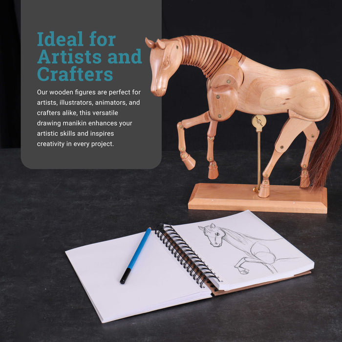 U.S. Art Supply 12" Wooden Horse Manikin Posable Figure for Drawing - Articulated Mannequin with Base and Flexible Body for Drawing The Equine Figure
