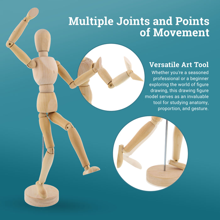 U.S. Art Supply 12" Wooden Male Manikin Posable Figure for Drawing (2 Pack) - Articulated Mannequin with Base and Flexible Body for Drawing The Human Figure